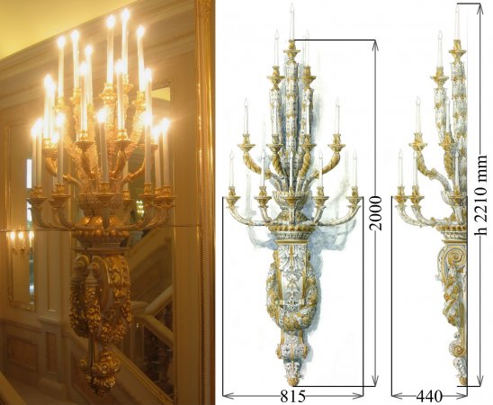 Grand scale, 12-lights wall chandelier, classic style. 