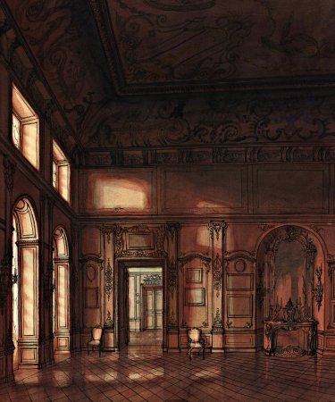 Художественно-мозаичные работы / Графика / Графическая реконструкция центрального зала в Петергофском дворце в стиле Ж.Б. Леблона.